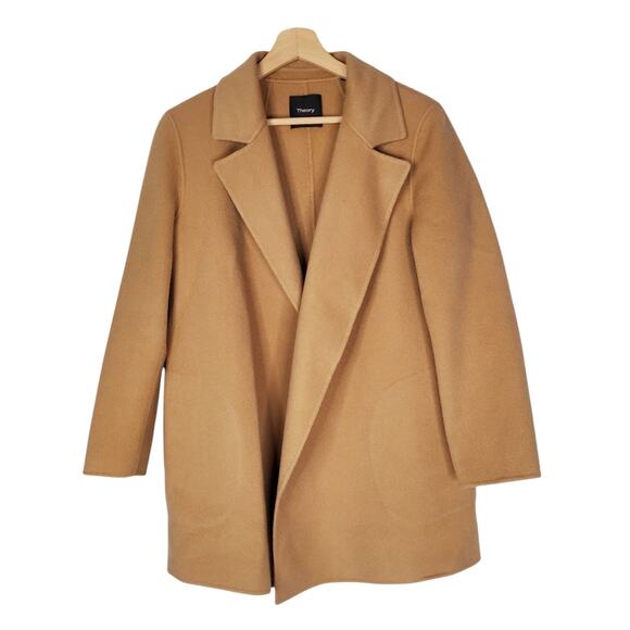 Theory Clairene New Divide Wool Cashmere Coat Jacket Tan Open Front Size Small - Picture 2 of 13